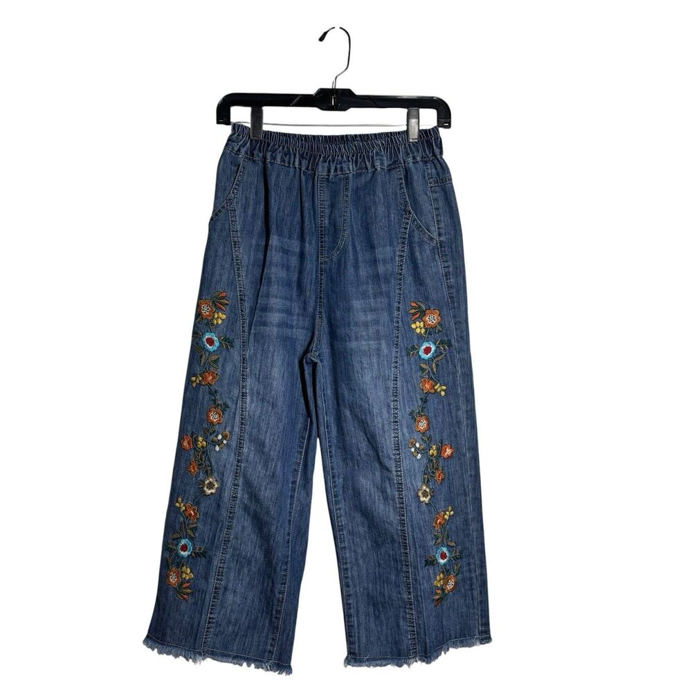 Blue Denim Elastic Waist Pockets Raw Hem Floral Embroidered Crop Pants Fits XS